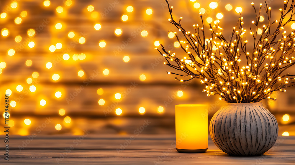 Poster a serene arrangement featuring illuminated branches in a vase beside a glowing candle, set against a