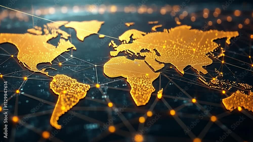 Poster a digital world map illuminated with golden connections highlighting global networks and data