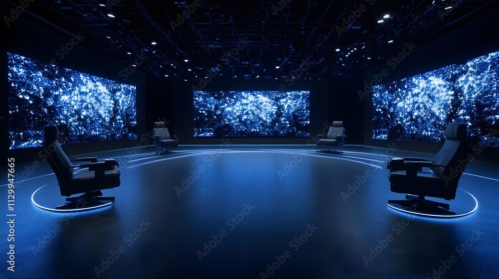 Aufkleber A futuristic studio featuring illuminated chairs and large screens displaying abstract blue patterns in a dark environment