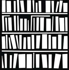 This artwork features a black and white silhouette of a bookshelf, highlighted by minimalist stroke lines for an abstract and modern appearance ideal for decor