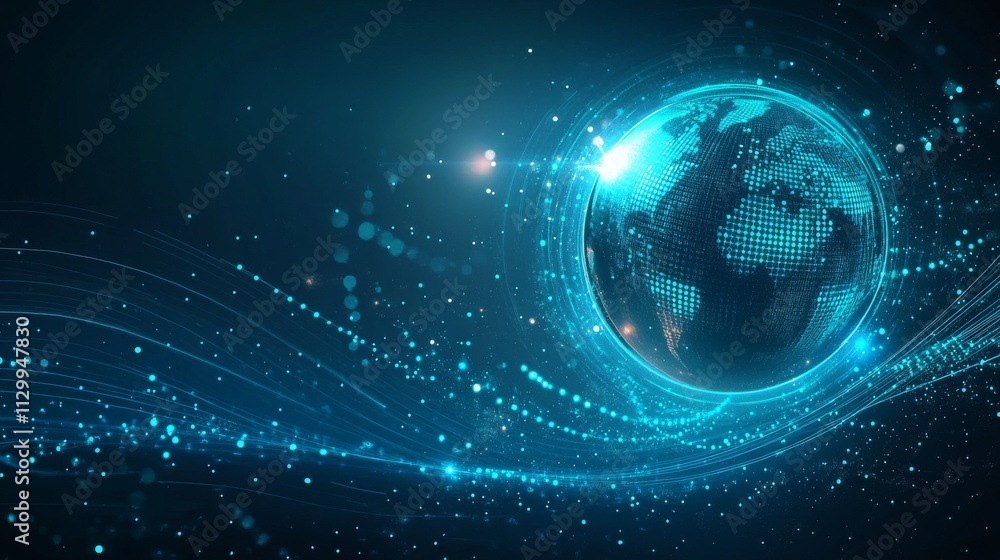 Poster a globe featuring africa and europe is surrounded by swirling data streams and light particles, depi