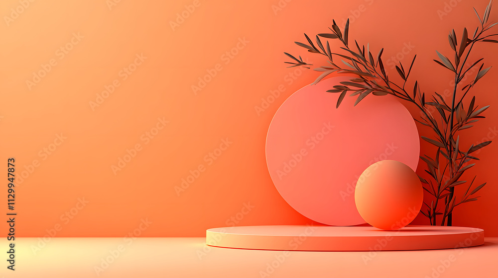 Poster a serene minimalistic composition featuring a circular shape, a sphere, and a green branch against a