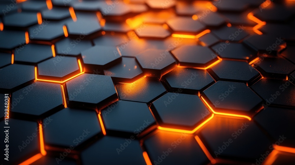 Poster futuristic abstract black hexagonal background with orange backlighting symmetric geometric design