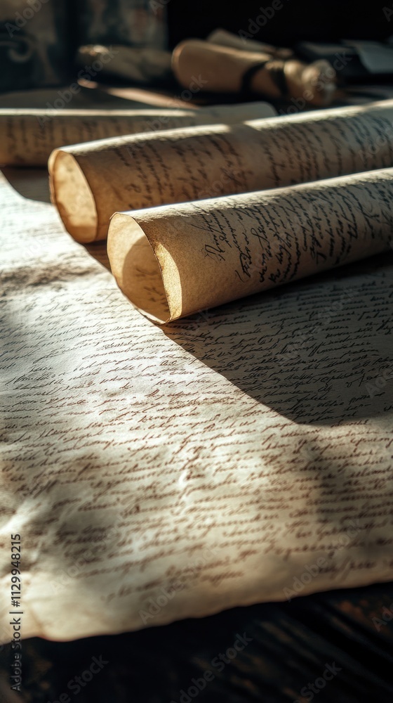 Poster ancient scrolls and handwritten documents on a table, illuminated by soft light.