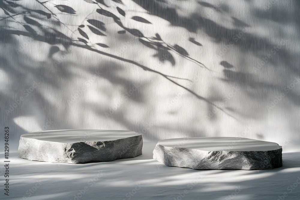 Poster two stone-like tables casting shadows against a textured backdrop.