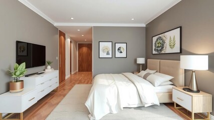 Fototapeta premium Modern bedroom designed using a room planner with virtual furniture placement and color scheme customization, customization, bedroom