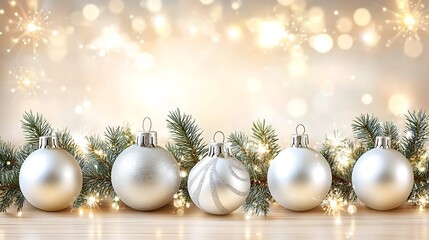 Silver Christmas baubles with fir branches on wood.