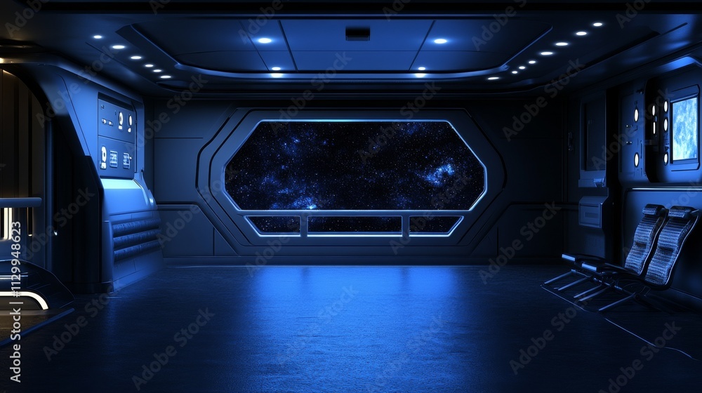 Poster a futuristic control room in a space station, featuring a large window offering a breathtaking view 