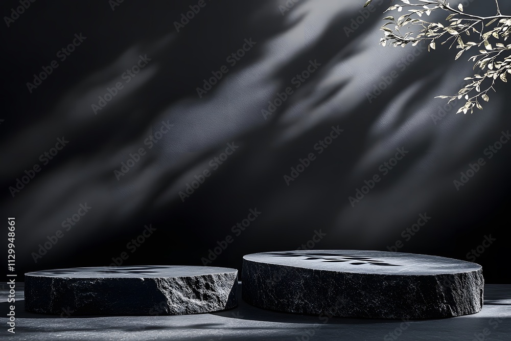 Aufkleber two textured black stone slabs on a minimalist background with soft lighting and shadows.
