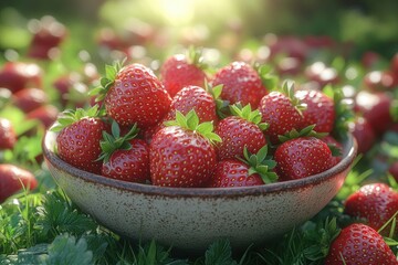 strawberries and cream dessert on a tennis court with blurred stadium background in summer sunlight