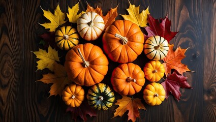 Orange pumpkins variegated squash on maple and wood nature background