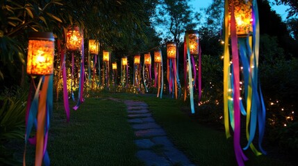 Obraz premium Outdoor festive decorations with glowing lanterns, colorful ribbons, and whimsical lights creating a magical ambiance