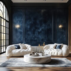 Minimalist Living Room with White Sofas and Marble Coffee Table