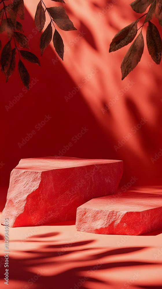 Aufkleber two textured red stones on a matching background with leaves casting shadows.