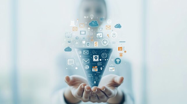 Person holds digital marketing funnel. Icons show sales process. Concept convert prospects customers. Tech solutions for growth. Modern business strategy. Showcase digital tools. Marketing funnel