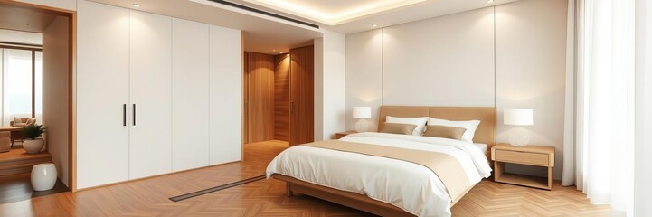 Modern bedroom with a sleek double bed, minimalist Japanese decor, and elegant parquet flooring, parquet, concept