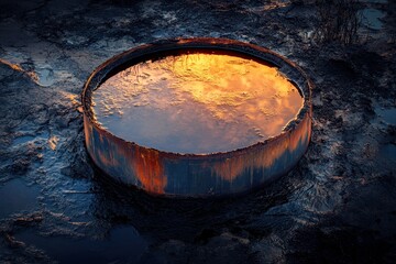 Reflective Pool in an Industrial Setting with Grunge Texture and Sunset Colors Over Oil and Rust Surroundings