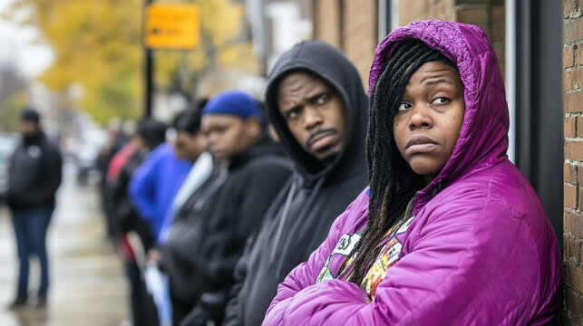 Line of people outside unemployment office, reflecting the challenges and resilience of individuals facing economic hardship, community solidarity in uncertain times.