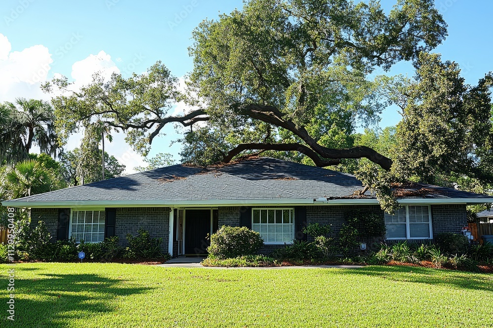 Wall mural Large tree falling on a gray shingle roof of a home in Florida, capturing the force of nature and potential damage.