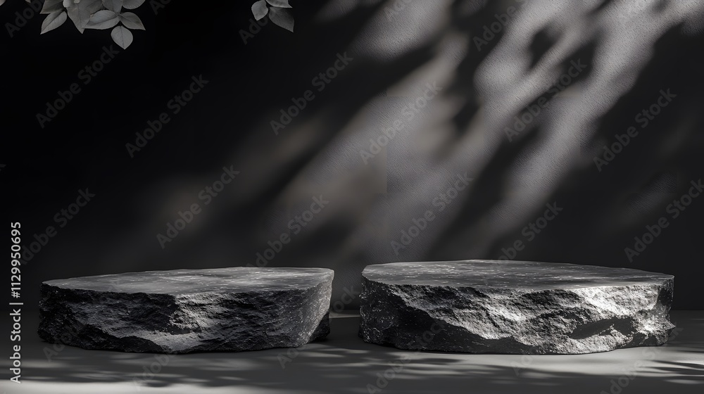 Poster two textured stone platforms against a dark background with soft shadows.