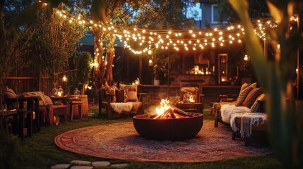 Fototapeta premium Outdoor countdown party with string lights, cozy fire pits, and a rustic bohemian vibe for friends and family