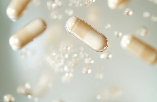 Floating capsules with bubbles create a dreamy, abstract representation of health supplements or pharmaceuticals, highlighting their delicate structure and environment.