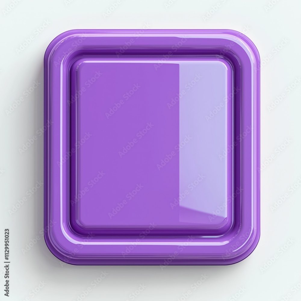 Poster Blank violet square button with round corners. Modern design. Flat style. 3d rendering on white background. Mobile app icon template. Digital illustration. Abstract graphic element. Versatile for