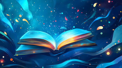 Naklejka premium Vibrant learning journey on a dark blue background with illuminating sparks. Omnipresent. Illustration