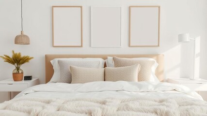 Modern boho bedroom with neutral beige wall art set of 3 posters, contemporary interior design, white wall color, bed, pillows, pillows, contemporary