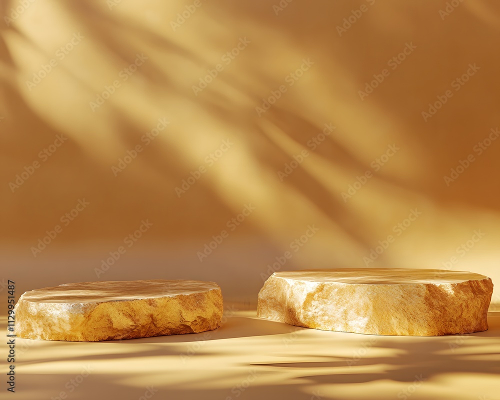 Poster two textured stone platforms on a soft golden background, creating a warm, inviting atmosphere.