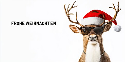 A cute, cool deer with sunglasses and a Santa hat, text "FROHE WEIHNACHTEN", white background, typography design, graphic style, typography, poster, fashion magazine cover, elegant, minimalistic, AI