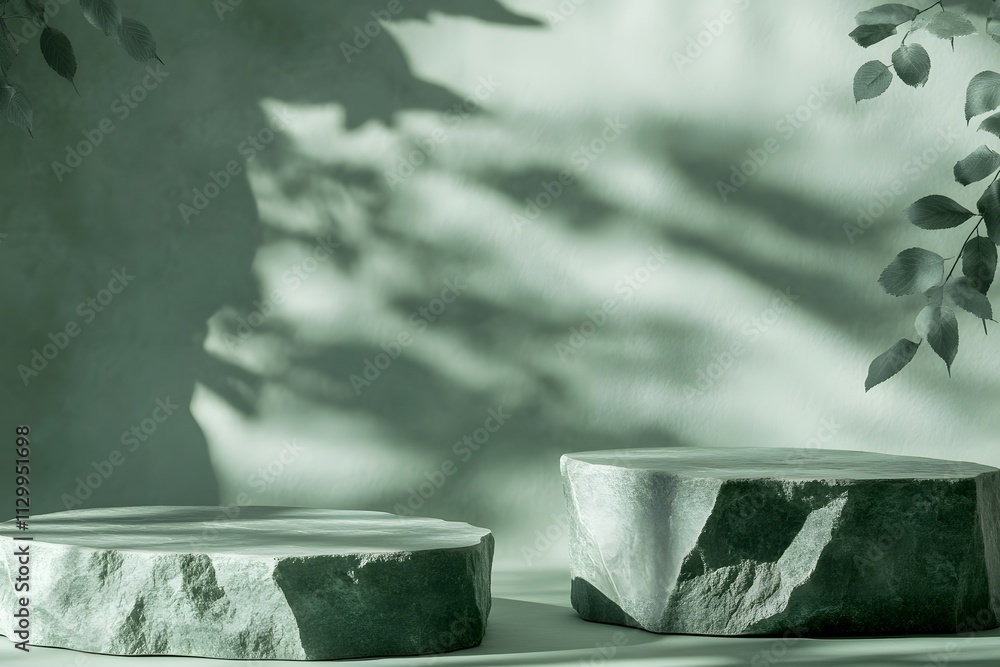 Aufkleber two textured stone platforms with soft shadows and green foliage in a minimalist setting.