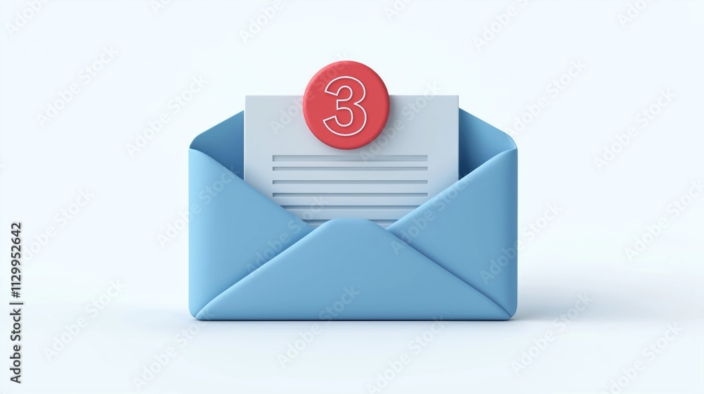 Poster light blue envelope holds unread message. number three indicates three unread emails. simple design 