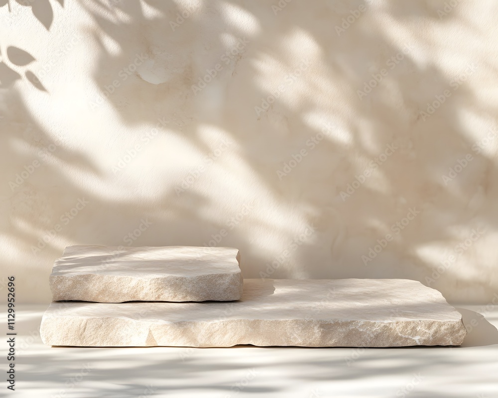 Poster two textured stone slabs on a light background with soft shadows, evoking tranquility.