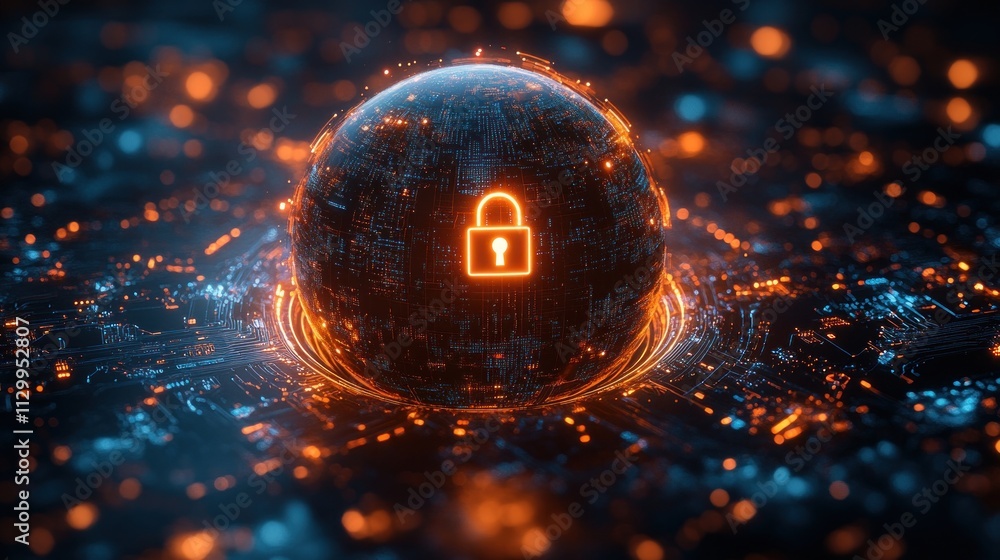 Poster digital globe with lock symbol over circuit board global cybersecurity concept