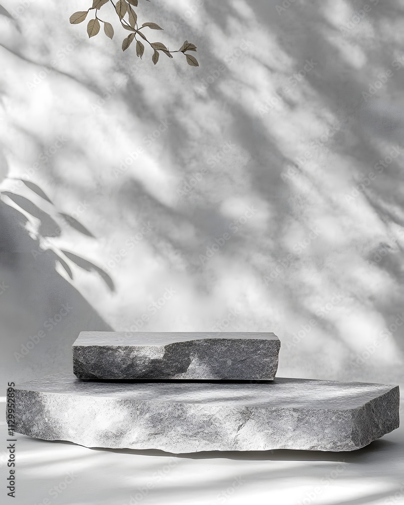 Poster two textured stone slabs on a light background with soft shadows.