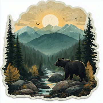  Great Smoky Mountains National Park landscape of misty mountain ridges at sunrise with a black bear foraging illustration 
