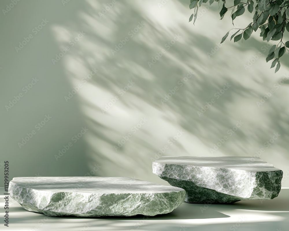 Poster two textured stone slabs on a minimalist surface with soft shadows and greenery.