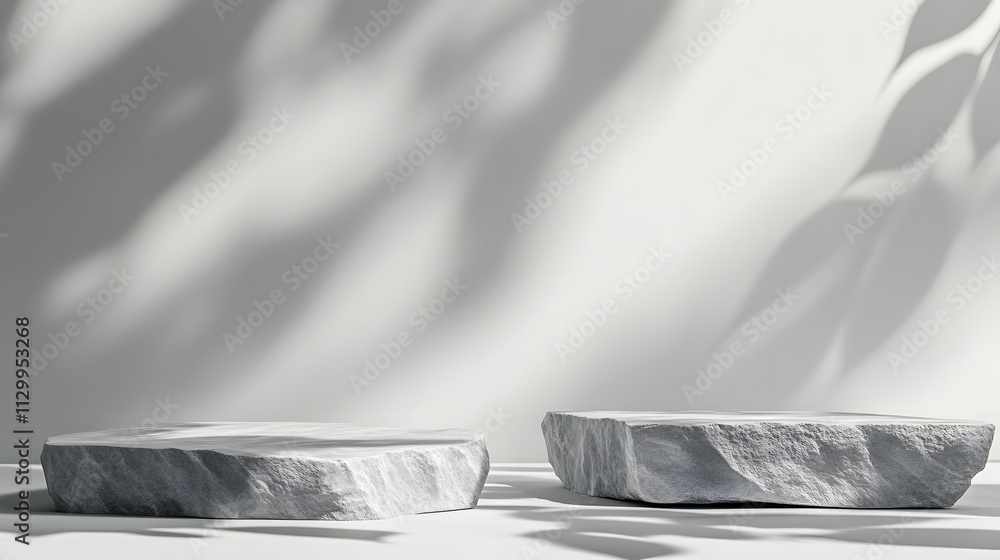 Poster two textured stone slabs on a minimalist surface with soft shadows.