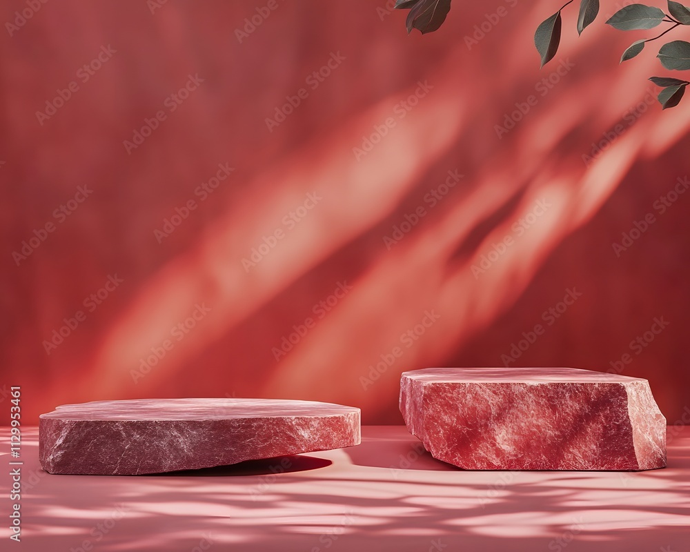 Poster two textured stone slabs on a pink background with soft shadows.
