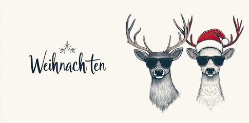 A cute, cool deer with sunglasses and a Santa hat, text "FROHE WEIHNACHTEN", white background, typography design, graphic style, typography, poster, fashion magazine cover, elegant, minimalistic, AI