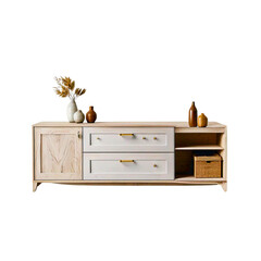 Stylish wooden cabinet with decorative accessories on display for home decor