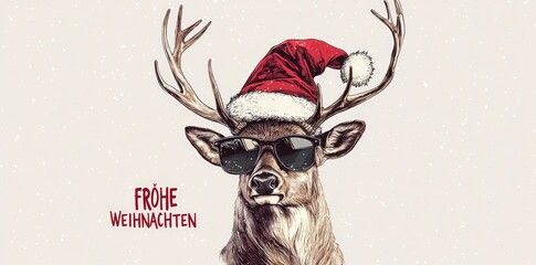 Fototapeta premium A cute, cool deer with sunglasses and a Santa hat, text 