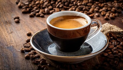 Obraz premium Espresso Coffee Cup With Beans On Vintage Table - Cup Of Coffee With Beans