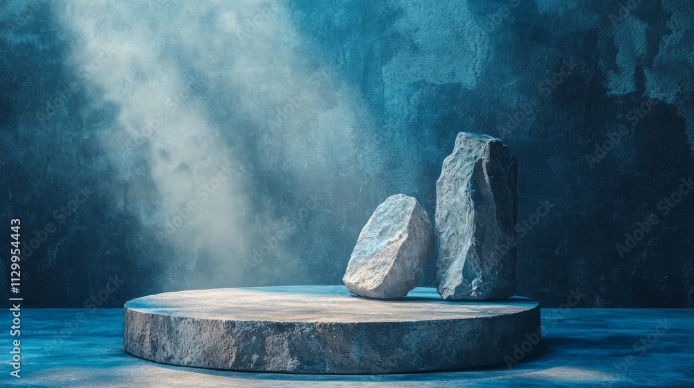 Poster a unique rock stone podium serves as a striking display for products, set against a serene backdrop
