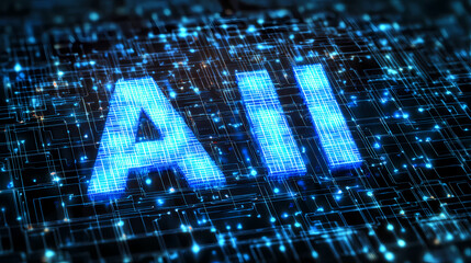 Neon ai text over digital background, emphasizing the ubiquitous and transformative nature of ai technology across various sectors. Omnipresent. Illustration