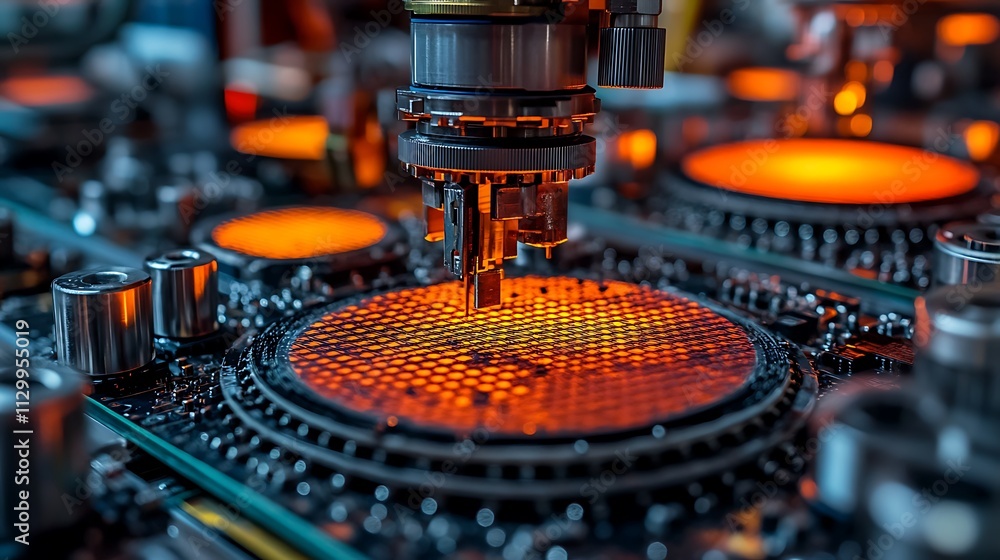 Poster close-up of robotic arm assembling microchips on a silicon wafer during manufacturing process.