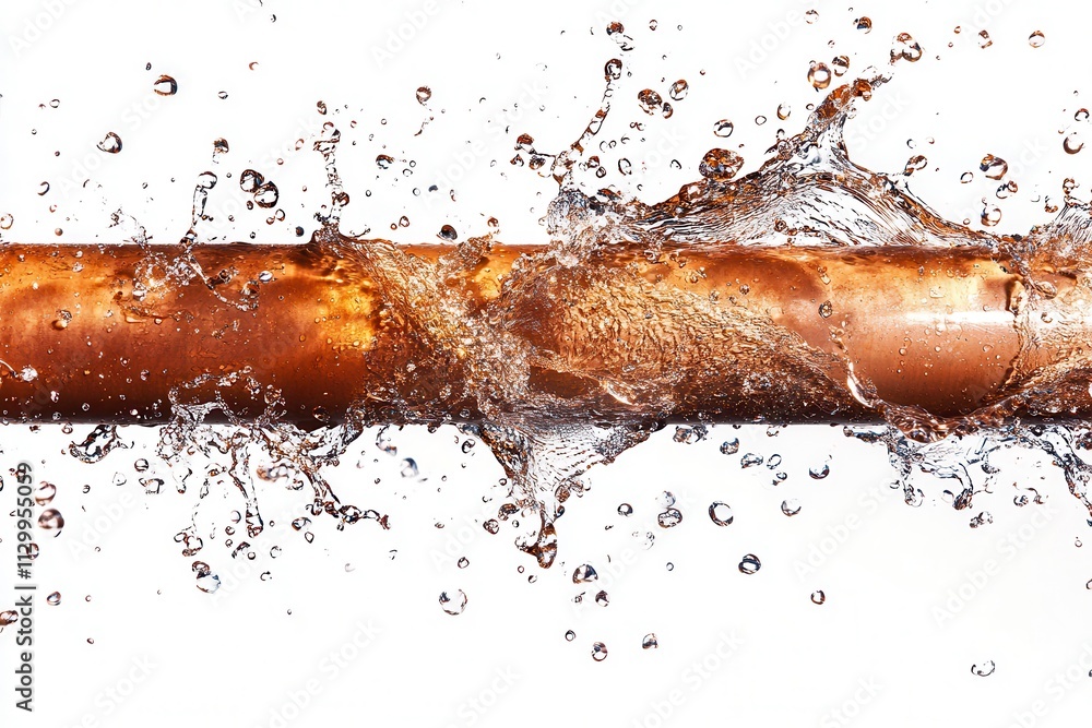 Poster a burst of water splashing from a broken pipe, illustrating fluid dynamics and industrial issues.
