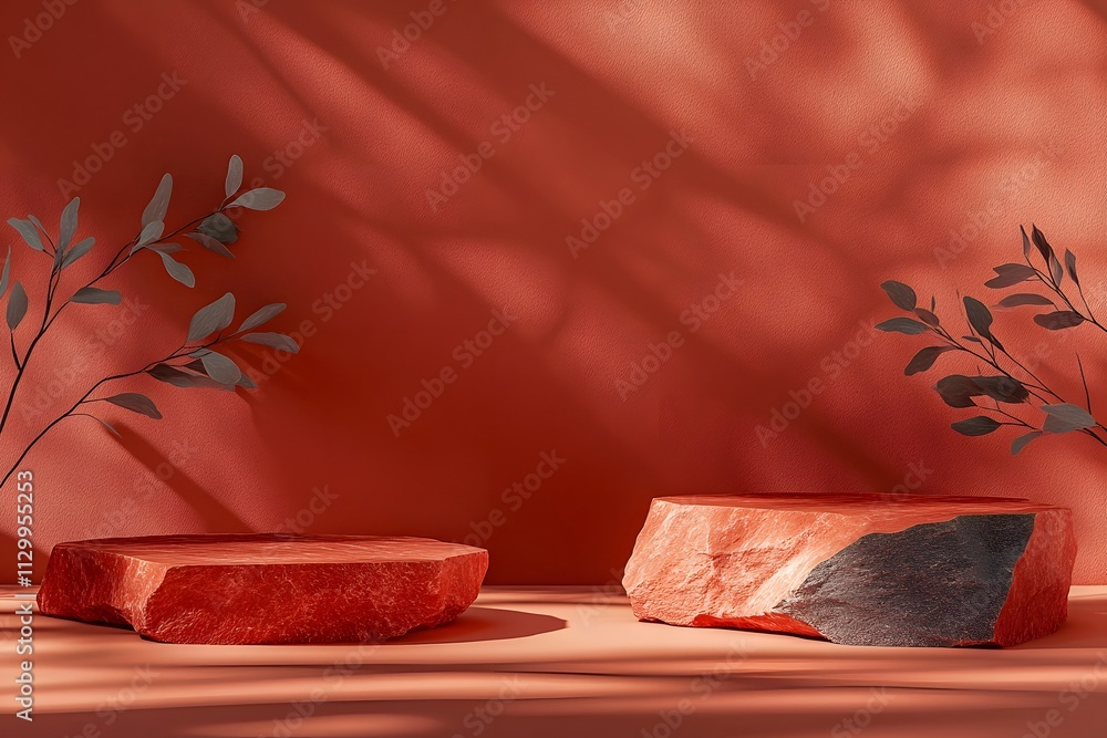 Aufkleber two textured stone-like objects on a warm red background with subtle plant shadows.