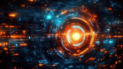 Futuristic Digital Landscape with Glowing Circular Interface and Abstract Circuit Design in Cyberpunk Style